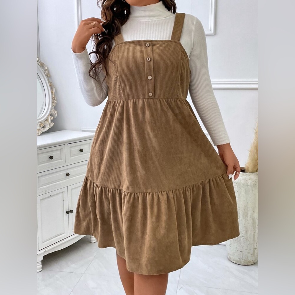 SHEIN Curve Plus Tan Corduroy Overall Ruffle Hem Dress